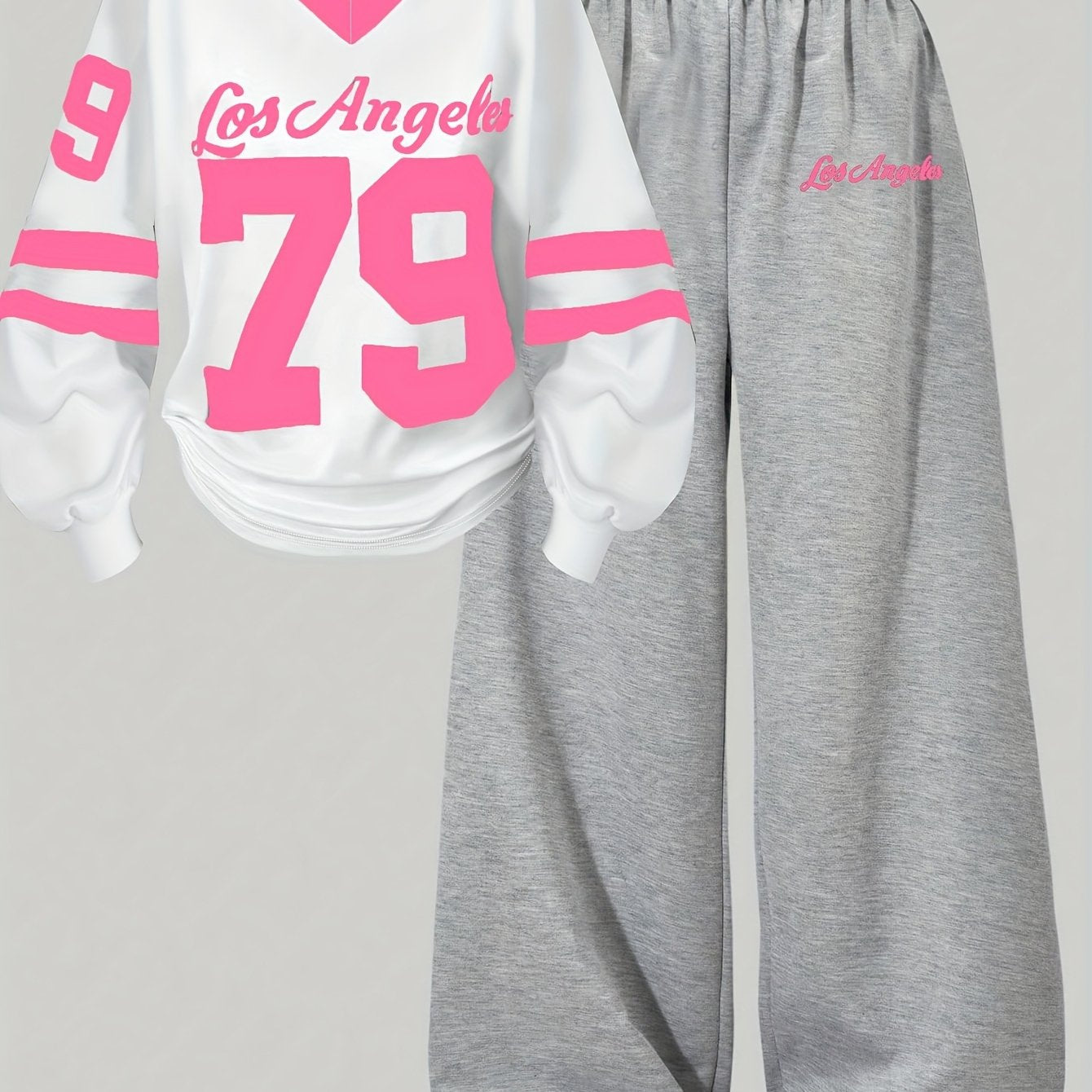 Ensemble Sport Décontracté Femme Col V Manches Longues & Pantalon Large Gris Los Angeles