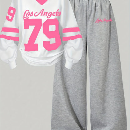 Ensemble Sport Décontracté Femme Col V Manches Longues & Pantalon Large Gris Los Angeles