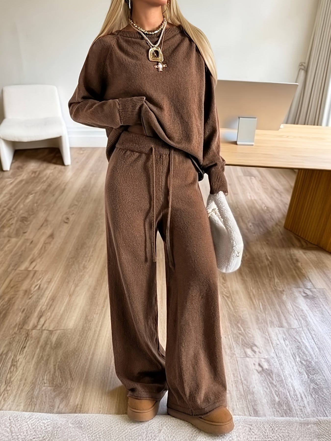 Ensemble Femme Pull et Pantalon Large Marron Tricot Décontracté Manches Longues Col Rond