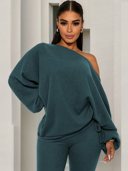 Ensemble pull col bateau et legging côtelé femme vert foncé