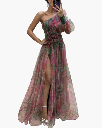 Robe longue élégante femme style soirée à une épaule avec fente et volant tendance
