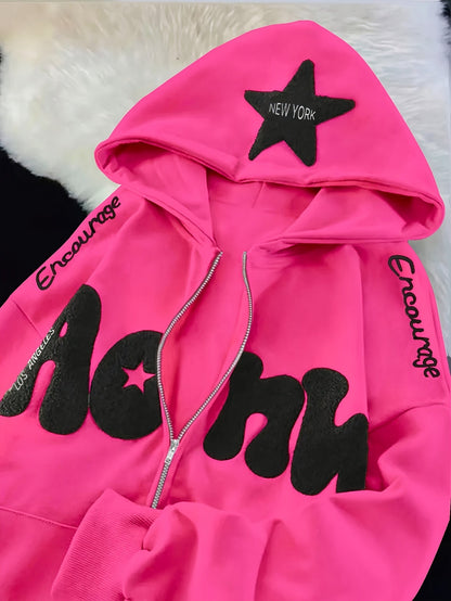 Sweat à Capuche Zippé Femme Rose Vif Étoile New York Lettrage Noir