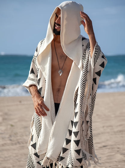 Poncho da spiaggia bohémien da uomo con cappuccio e motivi geometrici – stile festival casuale