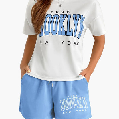 Conjunto casual para mujer estilo universitario con camiseta y pantalones cortos estampados Brooklyn Nueva York