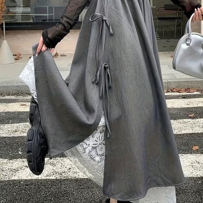 Jupe longue asymétrique femme gris foncé avec dentelle et liens à nouer