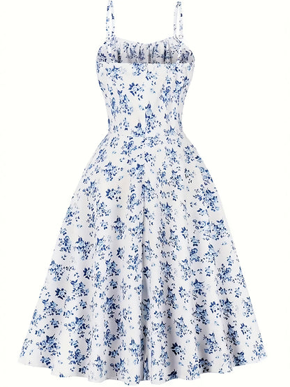 Robe mi-longue femme style champêtre à imprimé fleuri, élégante pour été et occasions décontractées