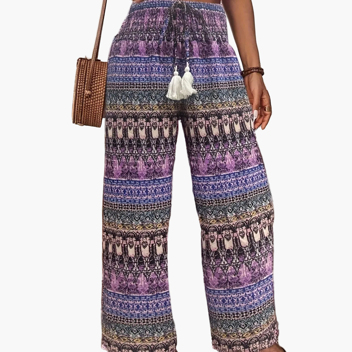 Pantaloni larghi stile bohémien da donna, stampa geometrica, vita elasticizzata, ideali per vacanze e estate