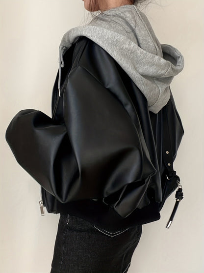 Blouson Bomber Femme Noir avec Capuche Grise Amovible Style Sport Chic