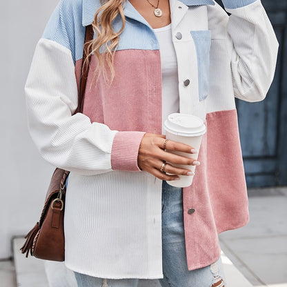 Veste Chemise Femme Blocs de Couleurs Velours Côtelé Boutons Col Chemise Manches Longues