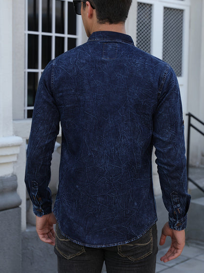 Chemise Homme Effet Délavé Bleu Foncé Manches Longues Boutons Marron