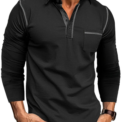 Polo Homme Manches Longues à Col Relevé avec Patte de Boutons et Poches Poitrine Décoratives