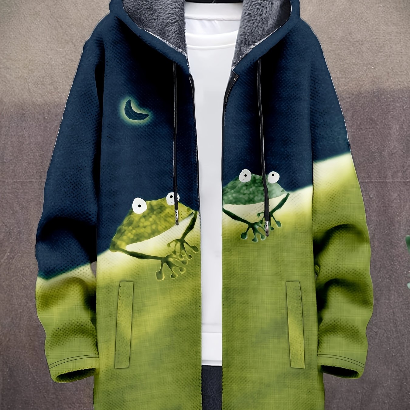 Manteau à capuche doublé en polaire imprimé fantaisie pour homme, fermeture éclair, motif vagues ou animaux