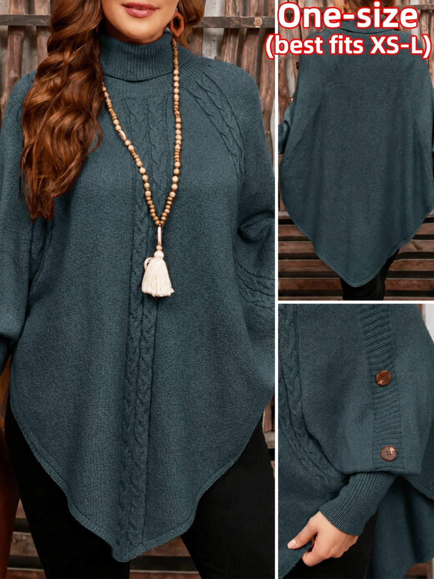 Pull poncho en tricot à col roulé et tresses avec boutons décoratifs pour femme