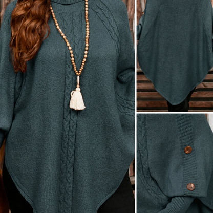 Pull poncho en tricot à col roulé et tresses avec boutons décoratifs pour femme