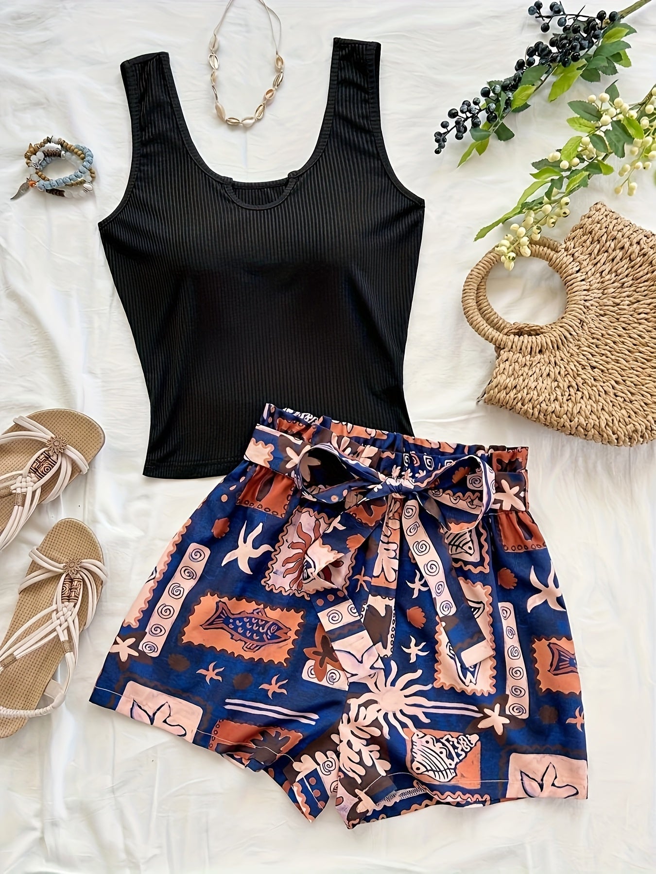 Ensemble coordonné pour femme, style tropical, top ajusté et short taille haute, idéal vacances et été