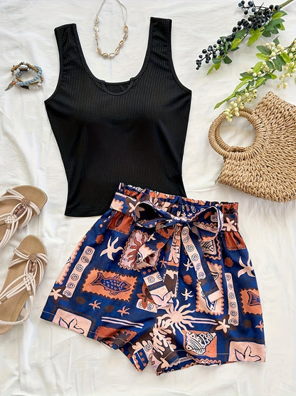 Ensemble coordonné pour femme, style tropical, top ajusté et short taille haute, idéal vacances et été