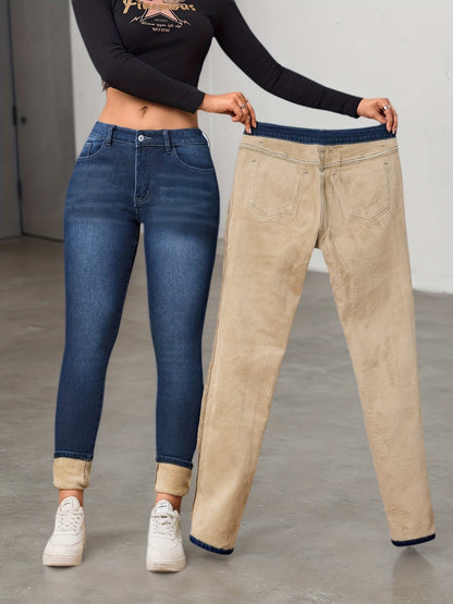 Jean Slim Femme Bleu avec Doublure Chaude Beige