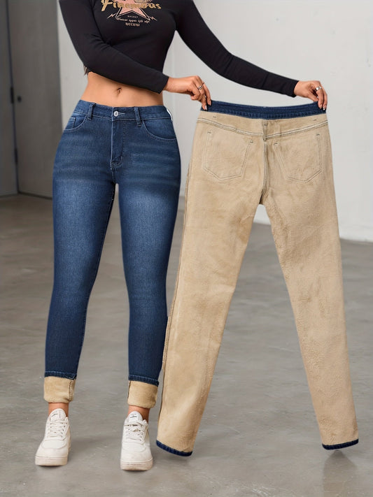 Jean Slim Femme Bleu avec Doublure Chaude Beige