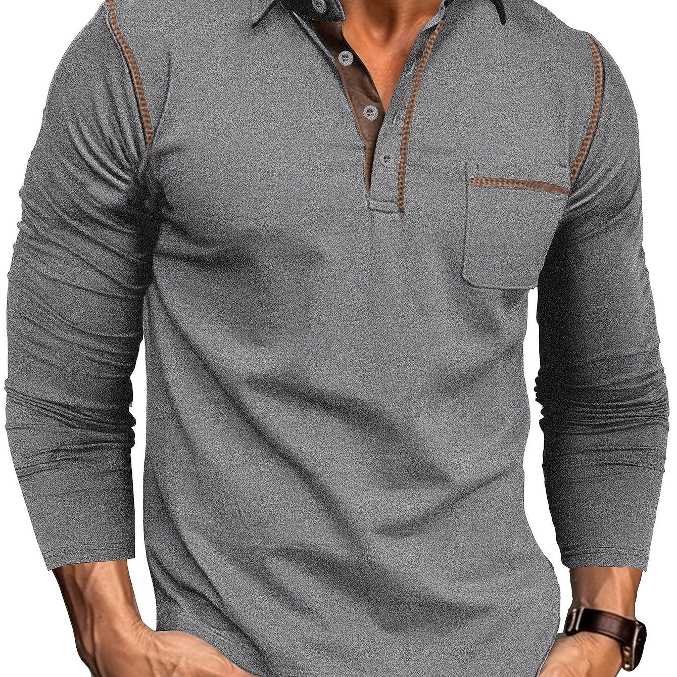 Polo Homme Manches Longues à Col Relevé avec Patte de Boutons et Poches Poitrine Décoratives