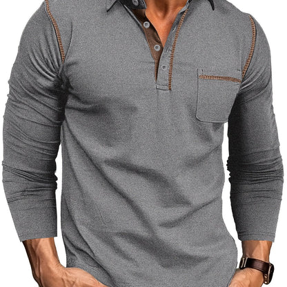 Polo Homme Manches Longues à Col Relevé avec Patte de Boutons et Poches Poitrine Décoratives