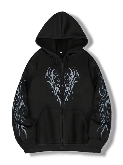 Sweat à capuche zippé noir avec motif tribal rouge manches longues