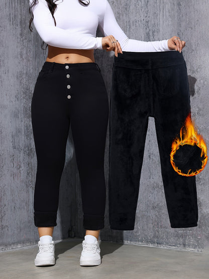 Jean Skinny Femme Noir Taille Haute à Boutons Doublé Chaud