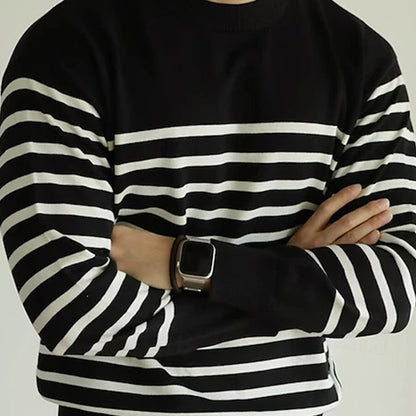 Pull Homme Col Rond Rayé Noir et Blanc Manches Longues