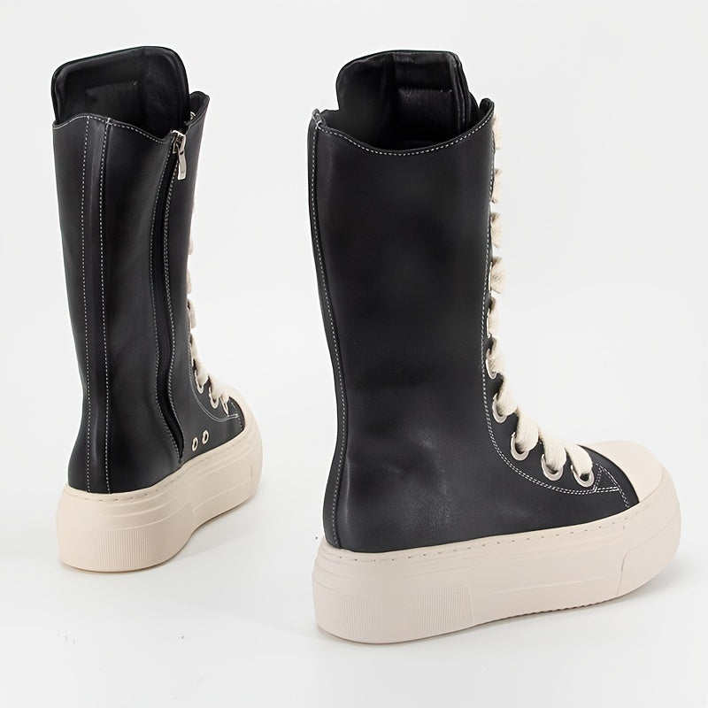 Bottes montantes noires à lacets blancs, style basket, semelle plateforme