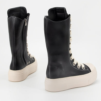 Bottes montantes noires à lacets blancs, style basket, semelle plateforme