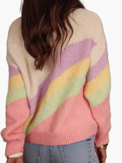 Pull femme style Y2K à rayures arc-en-ciel, col rond, mode décontractée