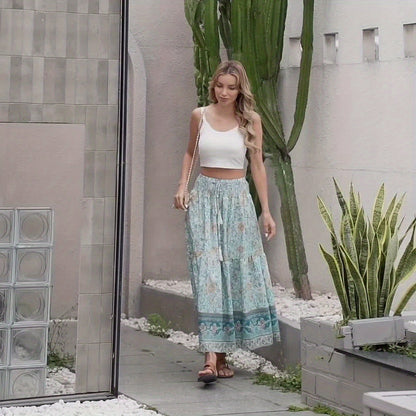 Elegant summer style women's long bohemian floral print skirt