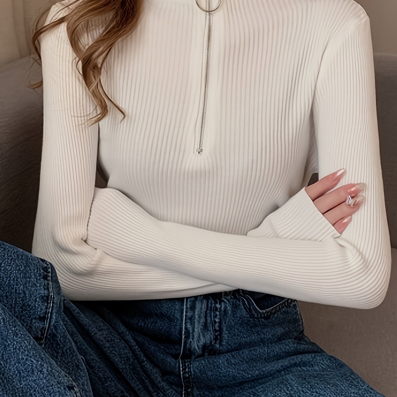 Women's Ribbed Half-Zip Mock Neck Fitted Sweater