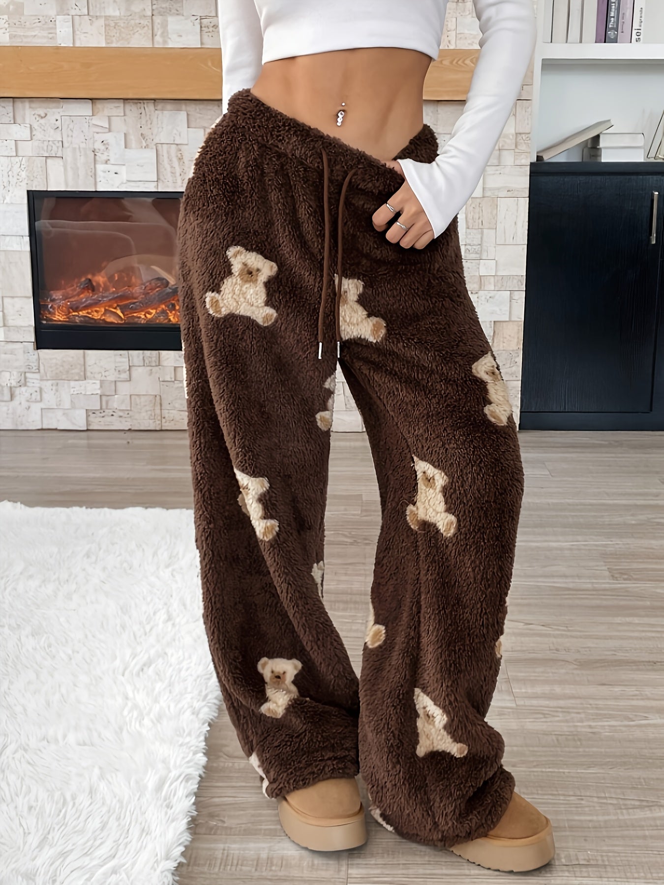 Pantalon de détente doux marron large avec motif ours en peluche