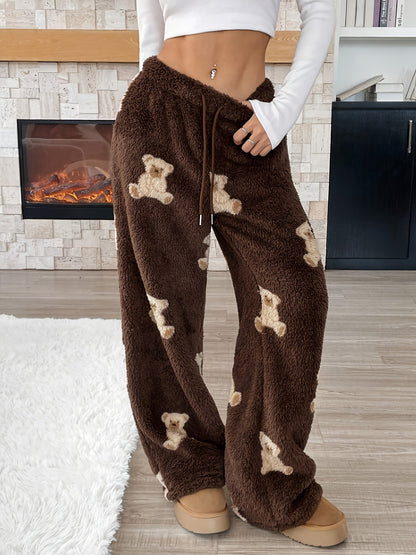 Pantalon de détente doux marron large avec motif ours en peluche