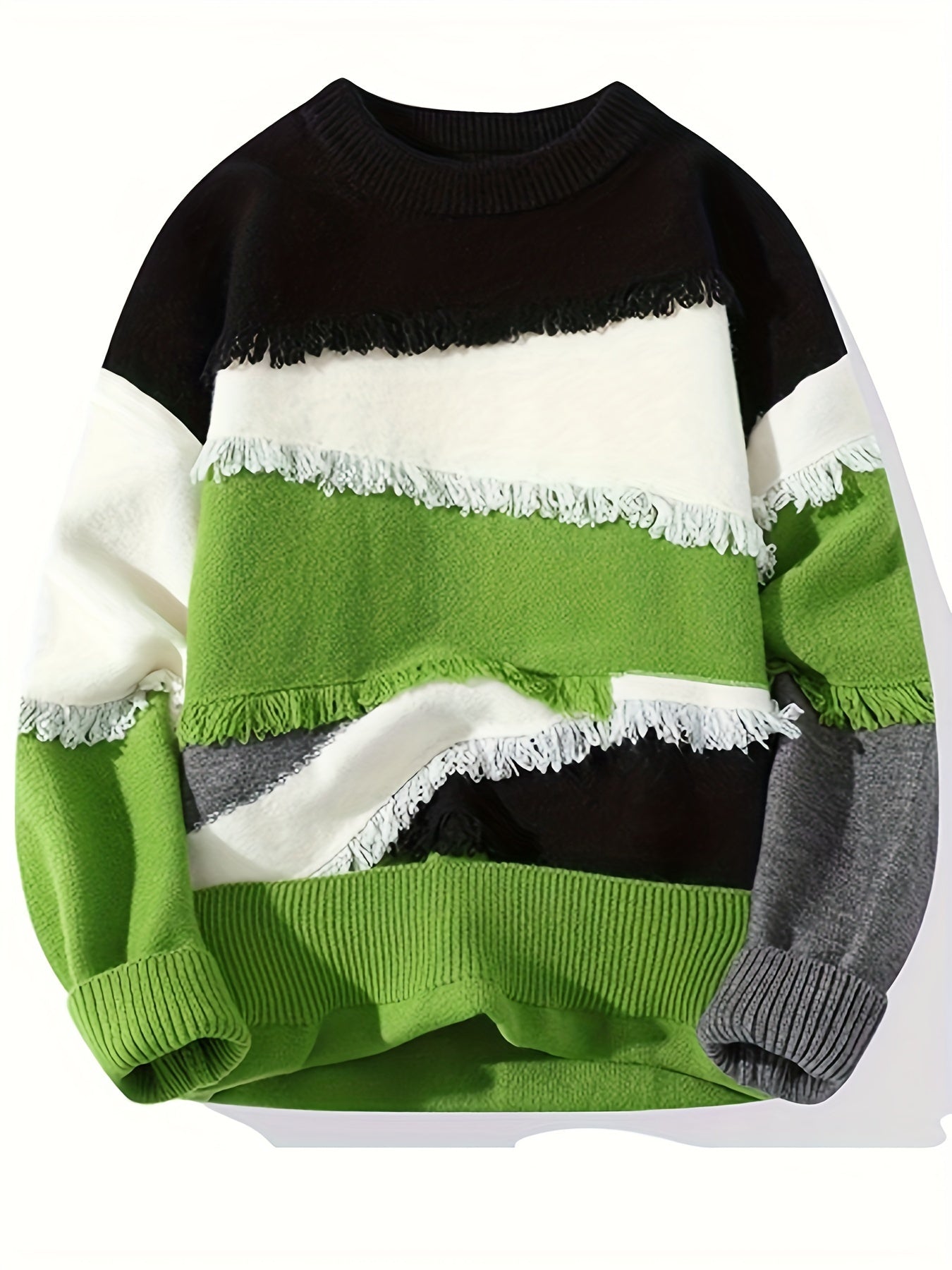 Pull Homme Col Rond Color Block à Franges Tricoté Décontracté