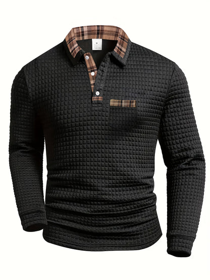 Polo homme à manches longues texturé motif gaufré avec col et poche à carreaux