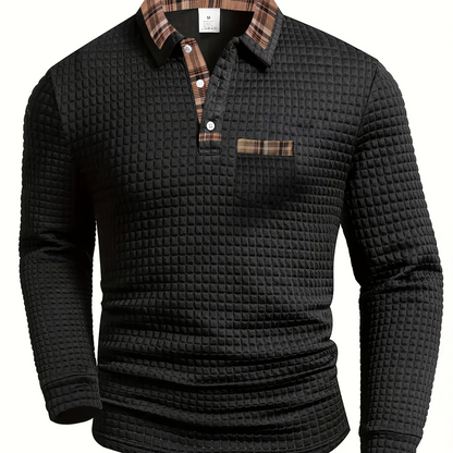 Polo homme à manches longues texturé motif gaufré avec col et poche à carreaux