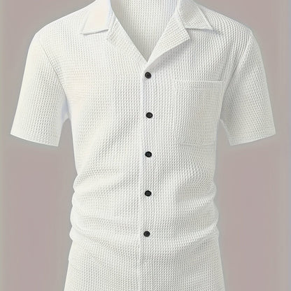 Chemise décontractée homme à manches courtes style resort avec col camp et texture gaufrée
