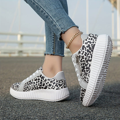 Baskets Femme Léopard Mode à Lacets avec Plateforme et Fermeture Éclair - Style Urbain Décontracté