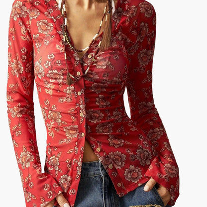 Camicia donna stile bohémien a fiori, taglio aderente, maniche lunghe, ideale primavera-estate