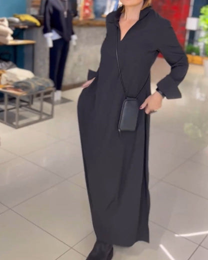 Robe longue ample décontractée chic pour femme – Style urbain polyvalent, manches longues, col en V, poches pratiques