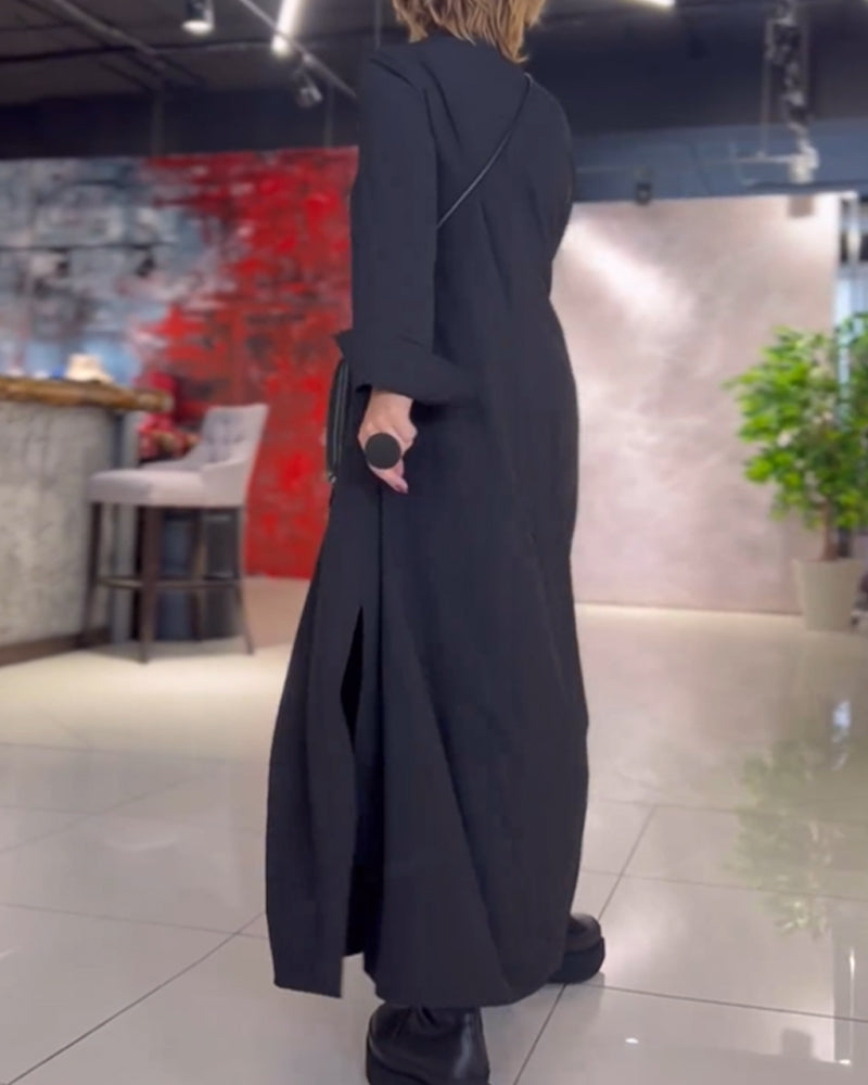 Robe longue ample décontractée chic pour femme – Style urbain polyvalent, manches longues, col en V, poches pratiques
