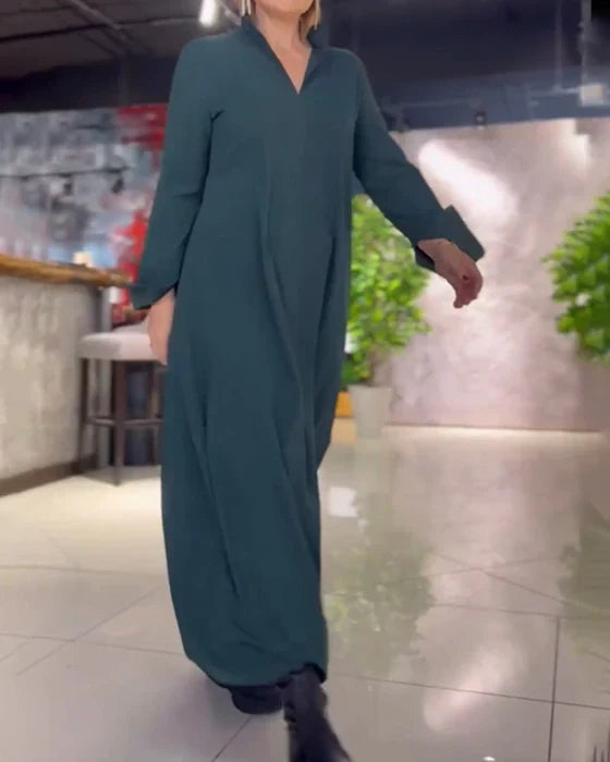 Robe longue ample décontractée chic pour femme – Style urbain polyvalent, manches longues, col en V, poches pratiques