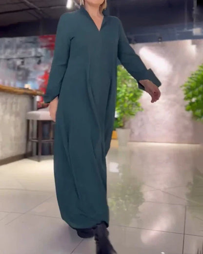 Robe longue ample décontractée chic pour femme – Style urbain polyvalent, manches longues, col en V, poches pratiques