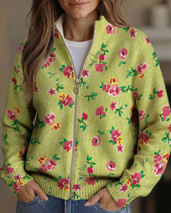 Giacca verde da donna con zip e motivo floreale rosa