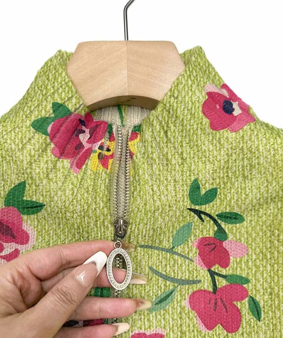 Women's Green Floral Print Zip Jacket with Pink Flowers