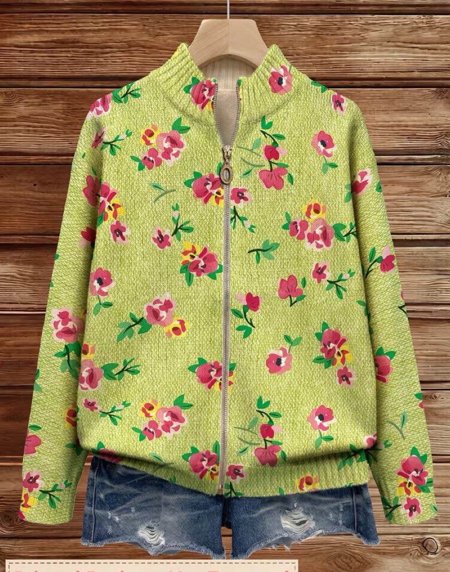 Women's Green Floral Print Zip Jacket with Pink Flowers