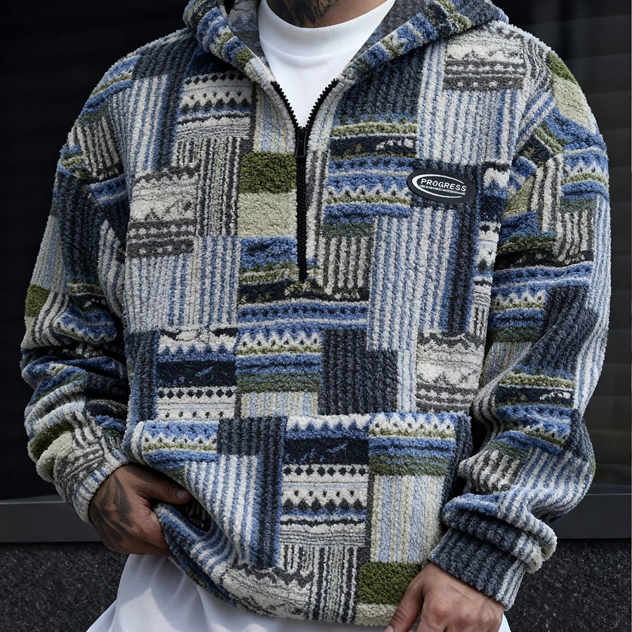 Sweat à Capuche Homme Motif Patchwork Imprimé Ethnique Demi-Zip Polaire Hiver