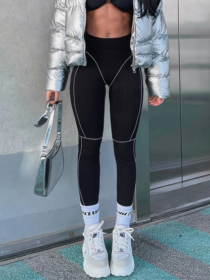 Legging Femme Noir à Coutures Contrastantes Taille Haute