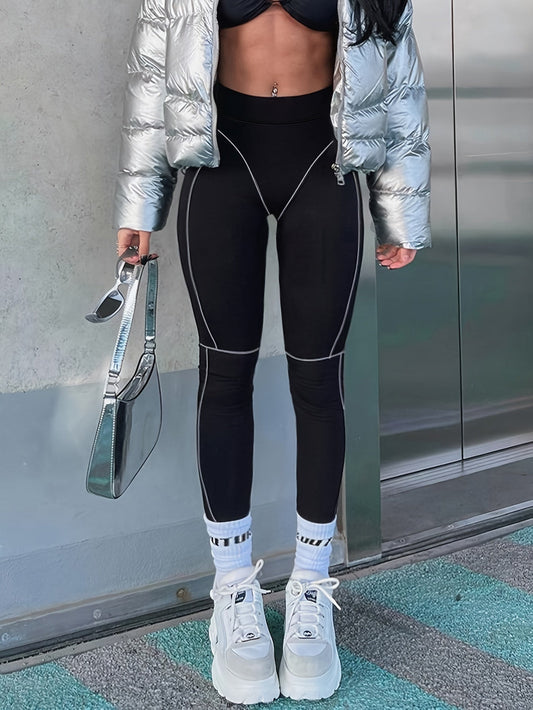 Legging Femme Noir à Coutures Contrastantes Taille Haute